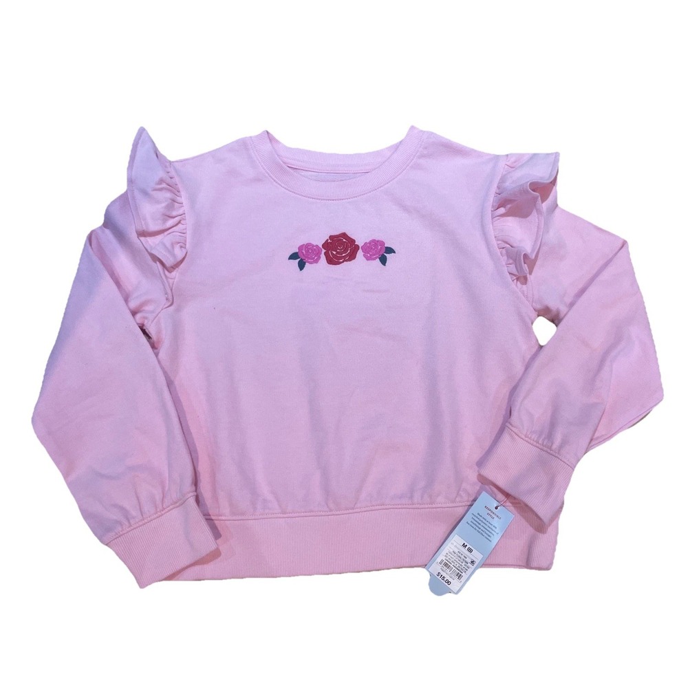 Girls French Terry Pullover Sweatshirt Embroidered Roses Pink VALENTINES M 8